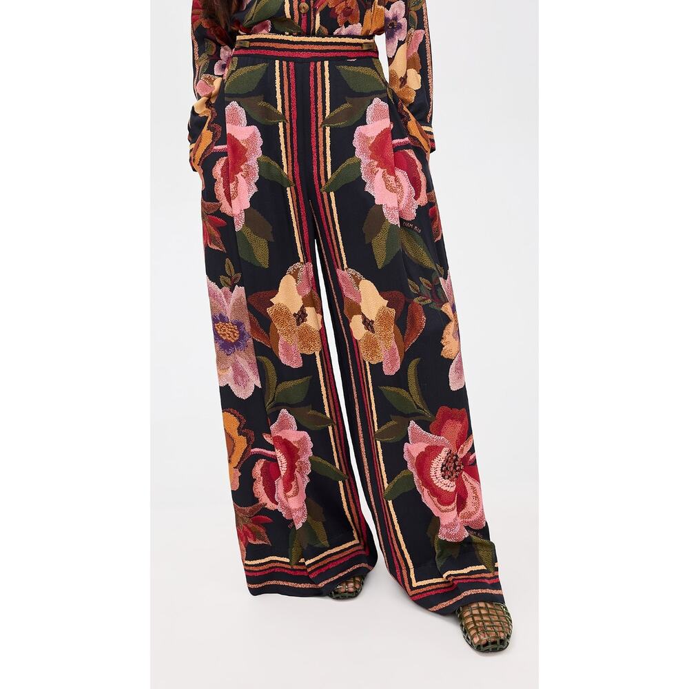 NWT Anthropologie Farm Rio Chenille Flowers Black Lenzing Ecovero Wide Leg Pants
